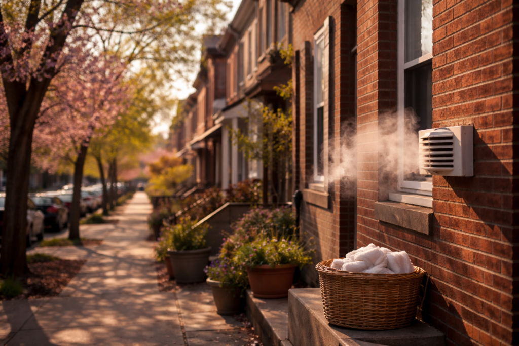 Sunlit rowhouse street in spring with air drifting from a dryer vent and a basket of white laundry outside