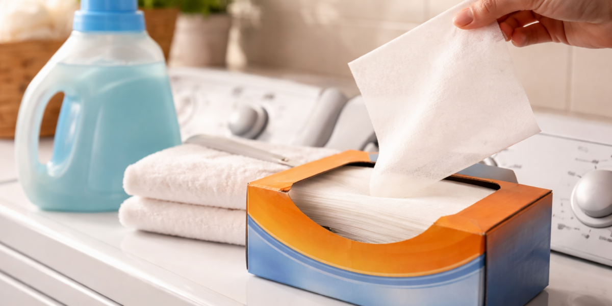 Close-up of a dryer sheet being pulled from the box on top of a washing machine