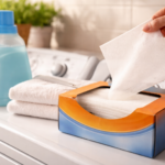 Close-up of a dryer sheet being pulled from the box on top of a washing machine