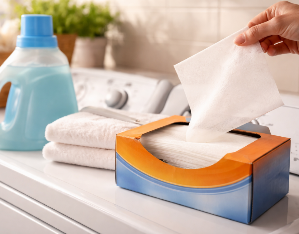 Close-up of a dryer sheet being pulled from the box on top of a washing machine